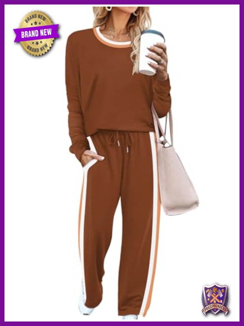 Womens 2 Piece Lounge Set Long Sleeve Color Block Crewneck Drawstring Pants